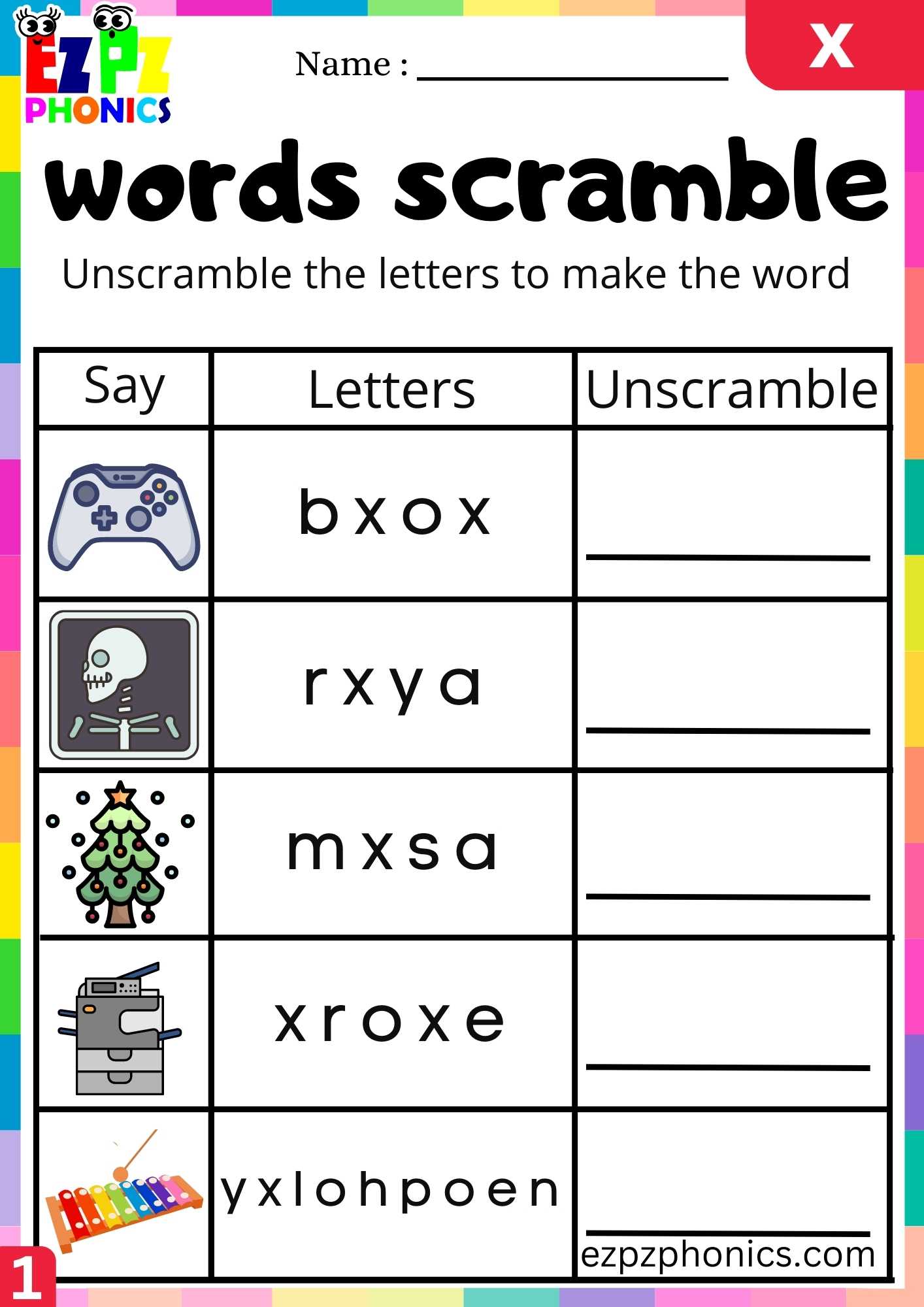 Letter X Words Scramble Beginning Sounds Worksheet